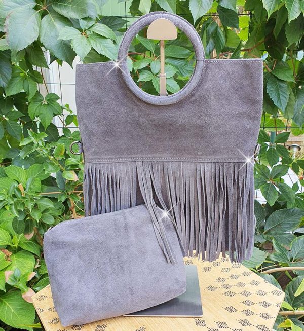 Le sac à frange dallas gris en peau nubuck daim