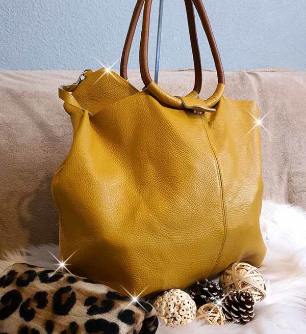 grand sac cabas tout en cuir moutarde