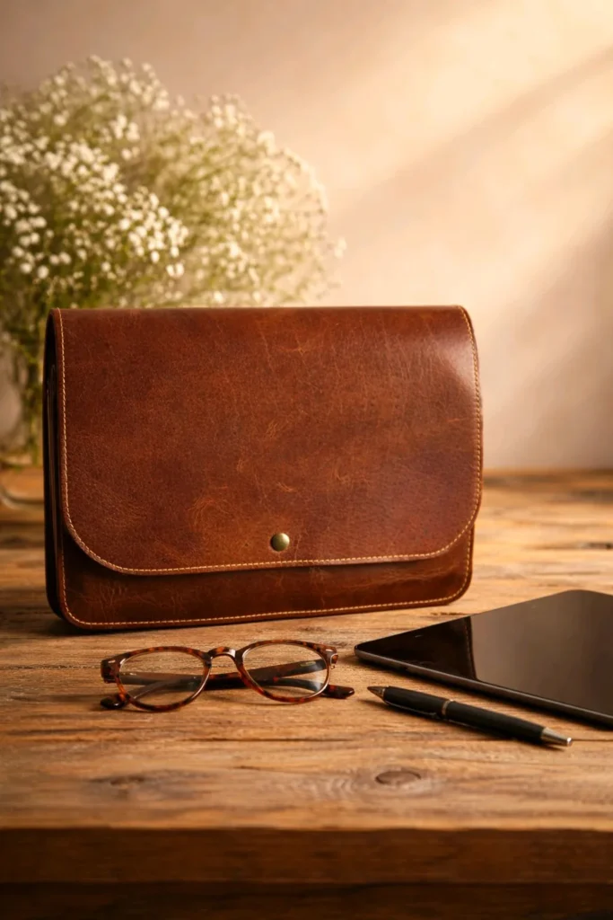 Americano – Pochette tablette en cuir marron vieilli Pochette tablette Americano en cuir marron vieilli avec rabat et bouton pression en laiton, posée à côté d'une tablette