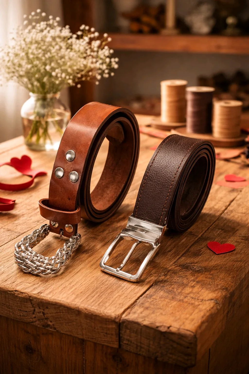 Atelier ceinture en cuir – Boutique 2 R'Eve Deux ceintures en cuir fabriquées en atelier, l'une cognac à boucle tressée, l'autre marron foncé à boucle rectangulaire, sur un établi en bois