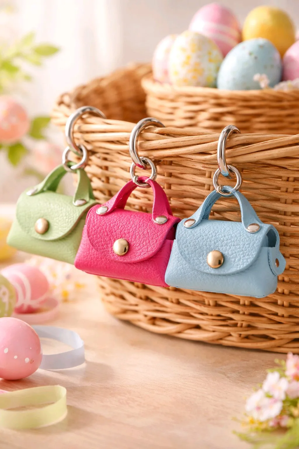 Atelier enfants – porte-clés en cuir – Boutique 2 R'Eve Porte-clés mini-sacs en cuir vert, rose et bleu ciel réalisés lors de l'atelier maroquinerie enfants