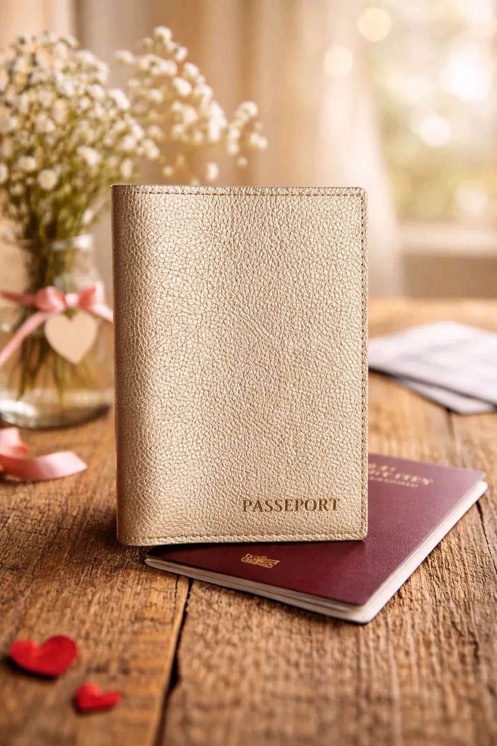 Atelier étui de passeport en cuir – Boutique 2 R'Eve Étui de passeport en cuir doré fabriqué en atelier, posé avec un passeport sur une table en bois