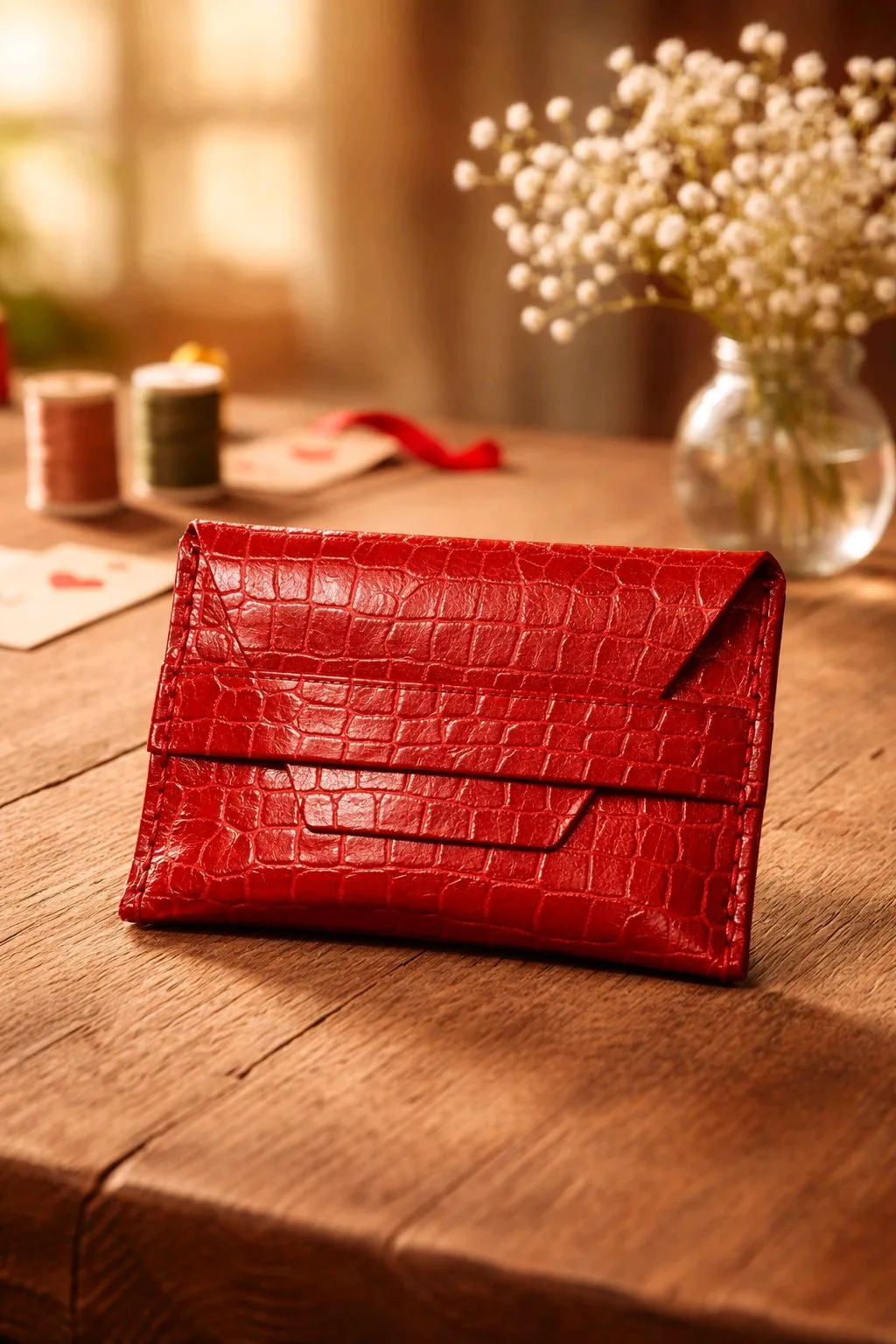 Atelier porte-cartes en cuir – Boutique 2 R'Eve Porte-cartes en cuir rouge effet croco réalisé lors d'un atelier de maroquinerie, posé sur une table en bois