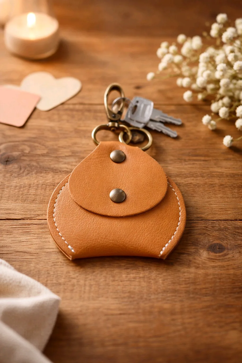 Atelier porte-clés en cuir – Boutique 2 R'Eve Porte-clés en cuir camel cousu main, réalisé lors d'un atelier de maroquinerie