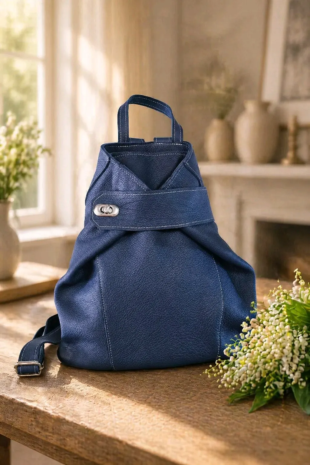 Bellini Marine – Sac à dos en cuir Sac à dos Bellini en cuir grainé bleu marine avec rabat croisé, fermoir tournant argenté et surpiqûres blanches