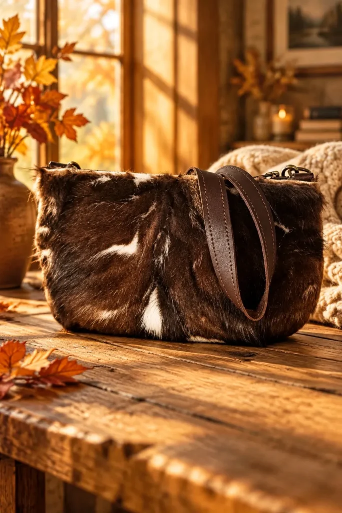 Bichette – Sac porté épaule en cuir poil Petit sac Bichette en cuir poil marron et blanc avec anse en cuir marron, posé sur une table en bois