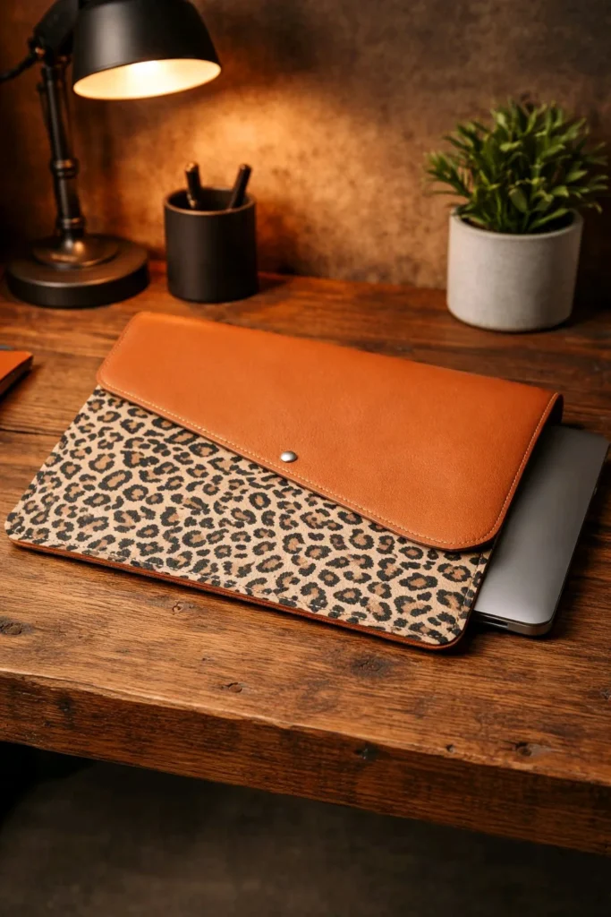 Collins Léopard – Pochette d'ordinateur en cuir Pochette d'ordinateur Collins imprimé léopard avec rabat en cuir cognac et bouton pression, ordinateur portable glissé à l'intérieur