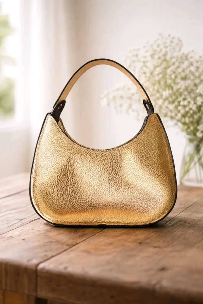 Cosmo Doré – Petit sac demi-lune en cuir Petit sac demi-lune Cosmo en cuir doré grainé avec anse courte, posé sur une table en bois