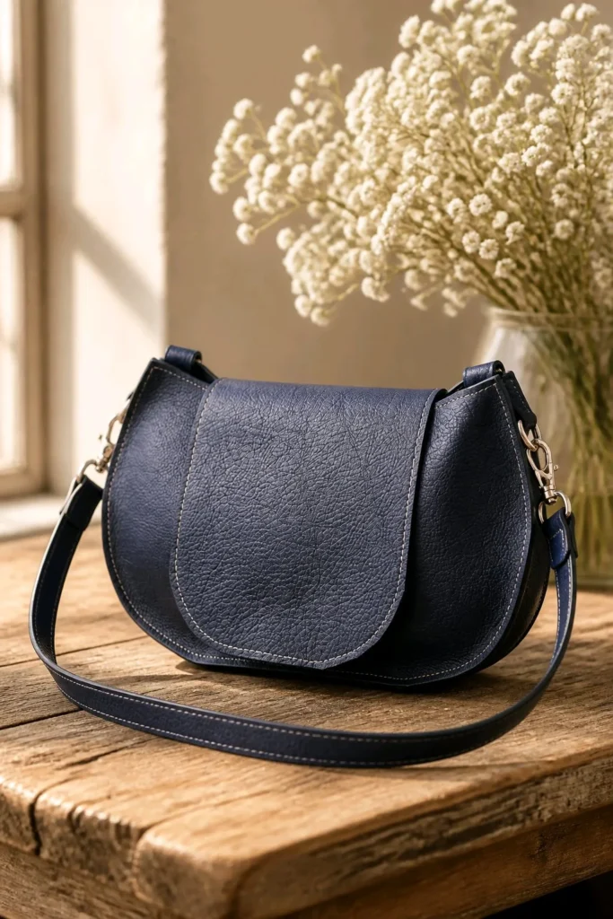Daikiri Marine – Sac besace à rabat en cuir Sac besace demi-lune Daikiri en cuir grainé bleu marine avec rabat et bandoulière réglable, mousquetons argentés