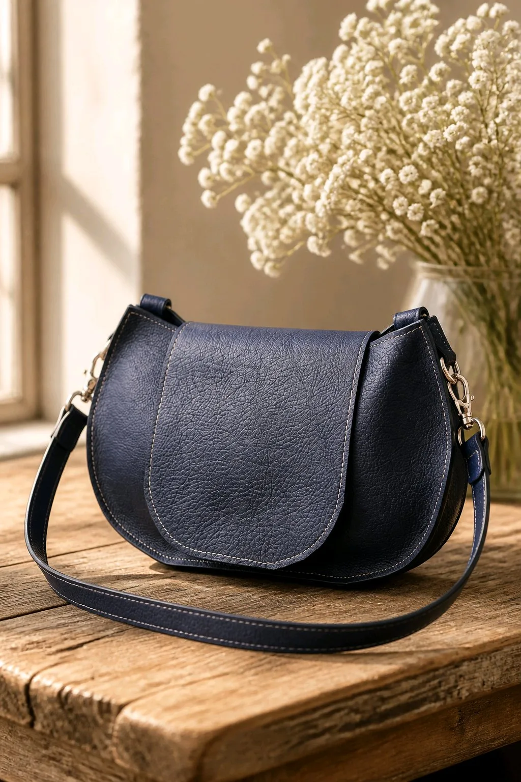 Daikiri Marine – Sac besace à rabat en cuir Sac besace demi-lune Daikiri en cuir grainé bleu marine avec rabat et bandoulière réglable, mousquetons argentés
