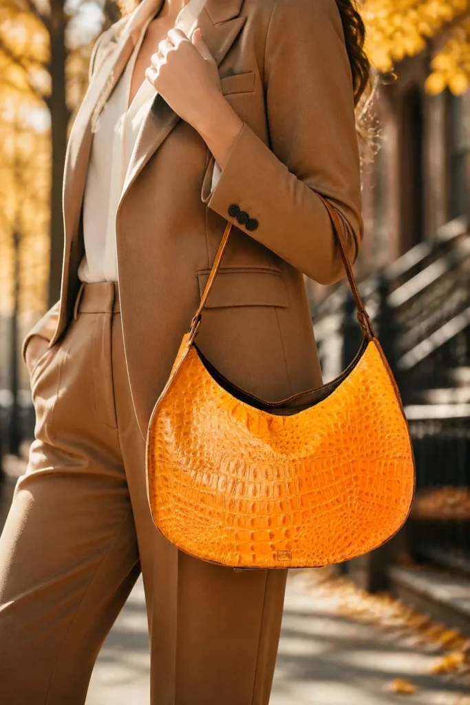 Daronne Orange – Grand sac porté épaule effet croco Femme portant à l'épaule le grand sac demi-lune Daronne en cuir orange effet croco