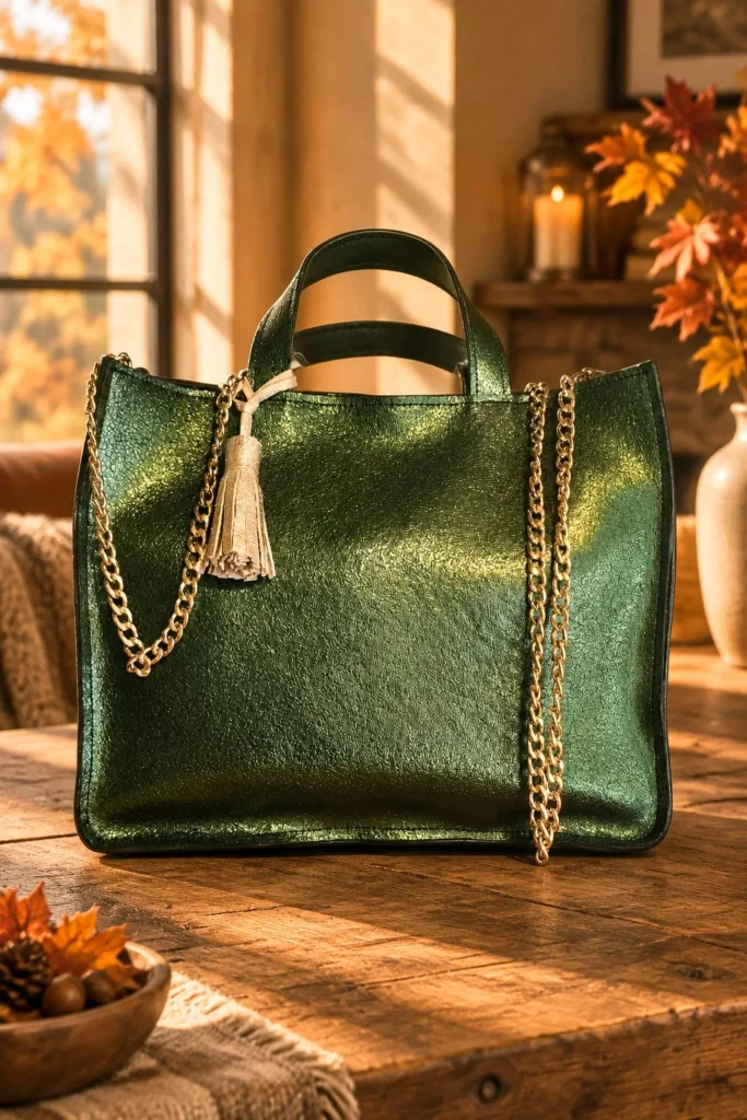 Fizz Vert – Sac à main en cuir métallisé à chaînes Sac à main Fizz en cuir vert métallisé avec anses courtes, chaînes dorées et pompon en cuir doré