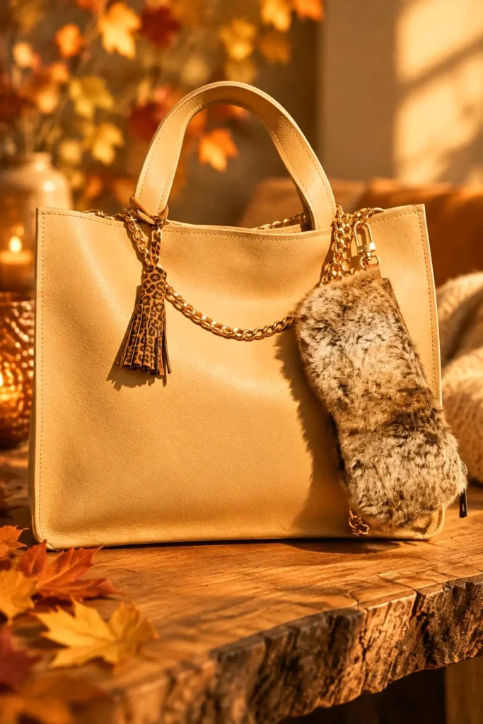 Flip Brun chiné – Pochette aspect fourrure à accrocher Pochette Flip aspect fourrure brun chiné accrochée par une chaînette dorée à un sac à main beige, posé sur une table en bois dans un décor d'automne