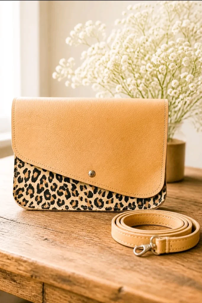 Kalypso Camel et Léopard – Sac à rabat asymétrique bicolore Sac Kalypso à rabat asymétrique camel et bas aspect léopard, bouton pression, bandoulière amovible à mousqueton posée à côté, sur une table en bois