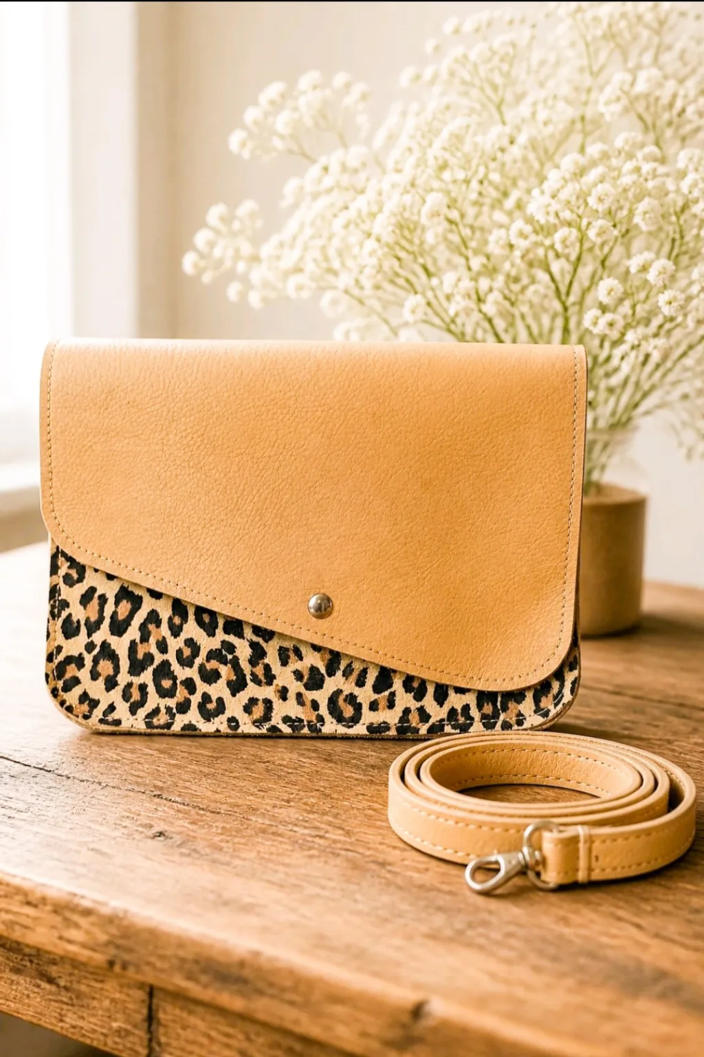 Kalypso Camel et Léopard – Sac à rabat asymétrique bicolore Sac Kalypso à rabat asymétrique camel et bas aspect léopard, bouton pression, bandoulière amovible à mousqueton posée à côté, sur une table en bois