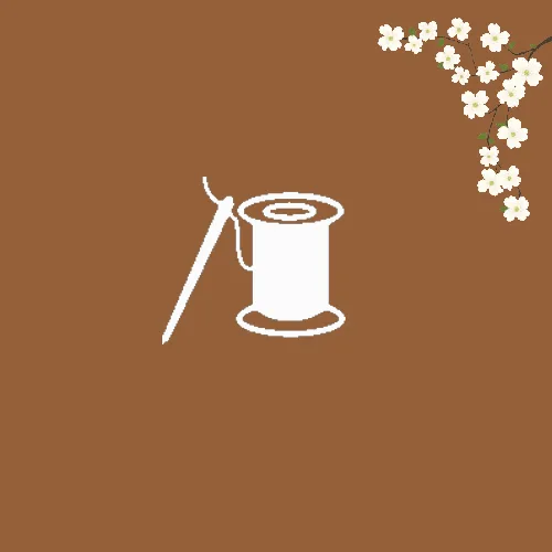 Picto fil et aiguille – Commande en visio Pictogramme bobine de fil et aiguille sur fond cognac