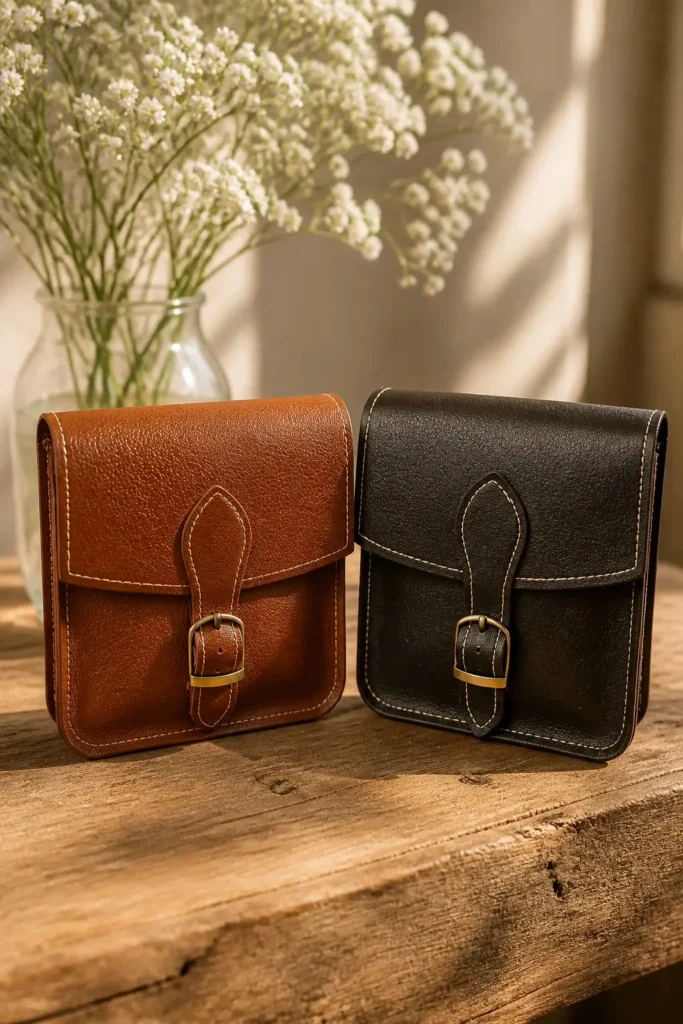 Rusty Cognac et Noir – Petite sacoche à rabat et boucle Deux petites sacoches Rusty à rabat, patte et boucle métallique, en cognac et en noir avec surpiqûres contrastées, posées sur une table en bois