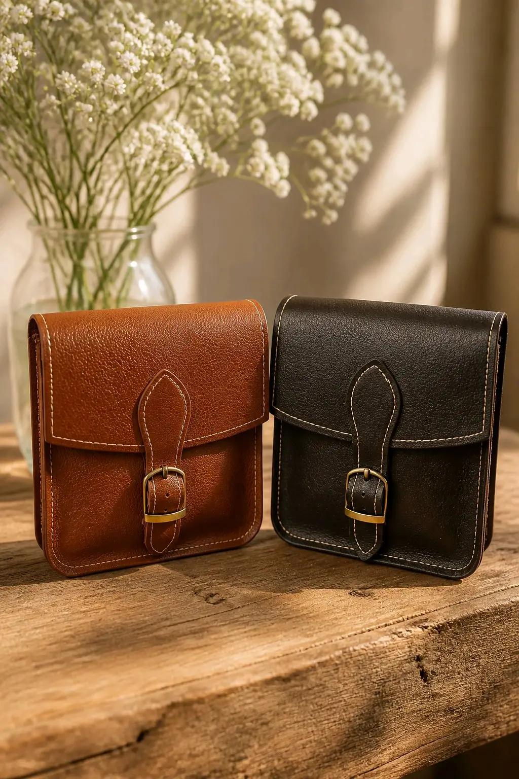Rusty Cognac et Noir – Petite sacoche à rabat et boucle Deux petites sacoches Rusty à rabat, patte et boucle métallique, en cognac et en noir avec surpiqûres contrastées, posées sur une table en bois