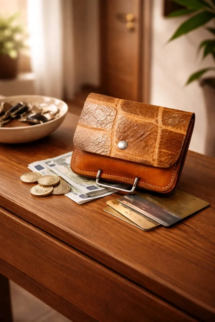 Shot Cognac – Porte-monnaie à rabat aspect croco Porte-monnaie Shot à rabat aspect croco cognac, bouton pression et anneau métallique, posé sur une table en bois avec billets, pièces et cartes