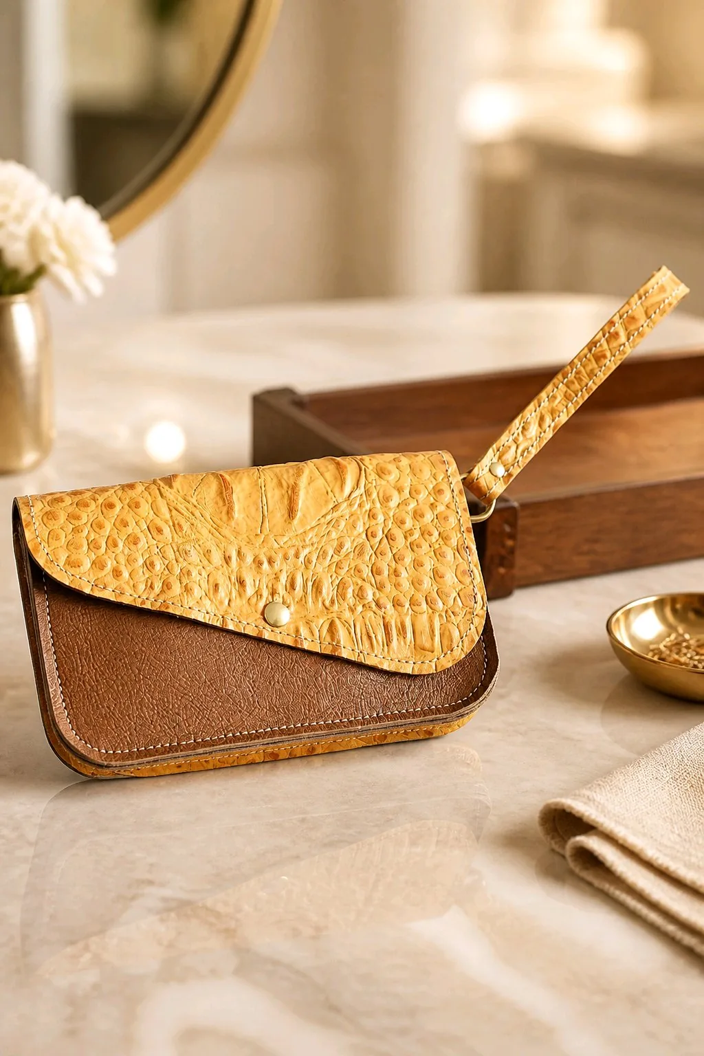 Spritz – Pochette en cuir moutarde effet croco Pochette Spritz en cuir, rabat moutarde effet croco, corps marron, bouton pression doré et dragonne assortie, posée sur une table en marbre