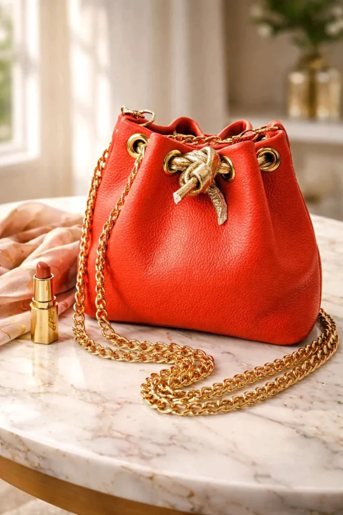Summer – Sac seau en cuir corail Sac seau Summer en cuir grainé corail, fermé par un lien en cuir doré noué, avec bandoulière chaîne dorée