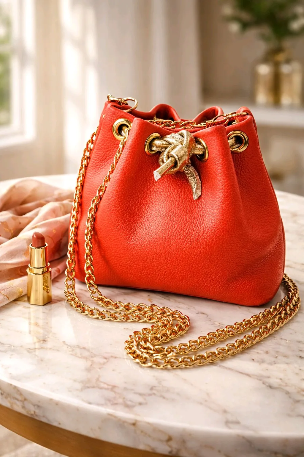 Summer – Sac seau en cuir corail Sac seau Summer en cuir grainé corail, fermé par un lien en cuir doré noué, avec bandoulière chaîne dorée