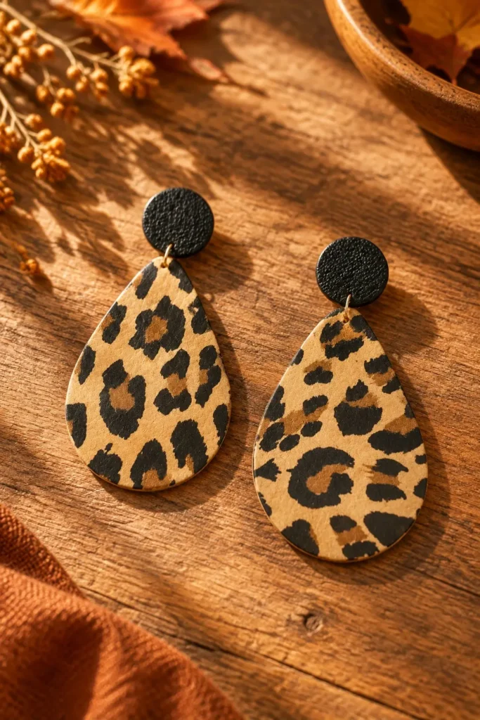 Swing Léopard – Boucles d'oreilles en cuir Paire de boucles d'oreilles Swing en cuir imprimé léopard, forme goutte sur puce ronde en cuir noir