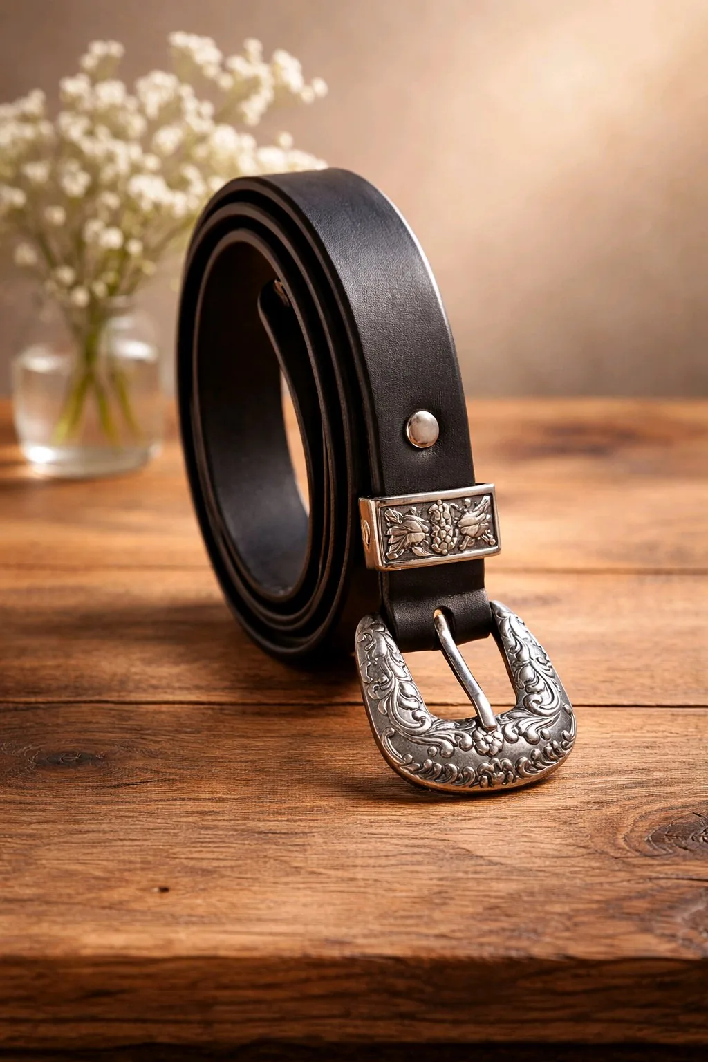 Twist Western – Ceinture en cuir noir Ceinture Twist en cuir noir avec boucle argentée gravée de style western et passant ciselé